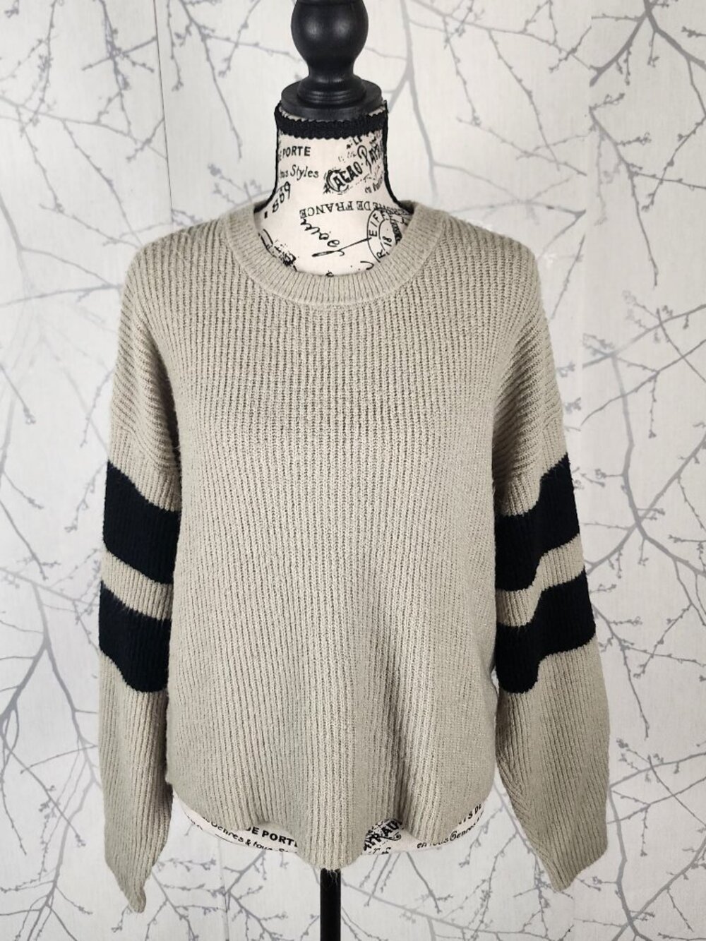 John + Jenn Beige Varsity Stripe Ribbed Knit Crewneck Sweater